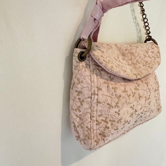 Vintage Y2K GAP Velvet Purse Pink Gold Embroidered Bow Pearl Chain Coquette EUC - Picture 9 of 10